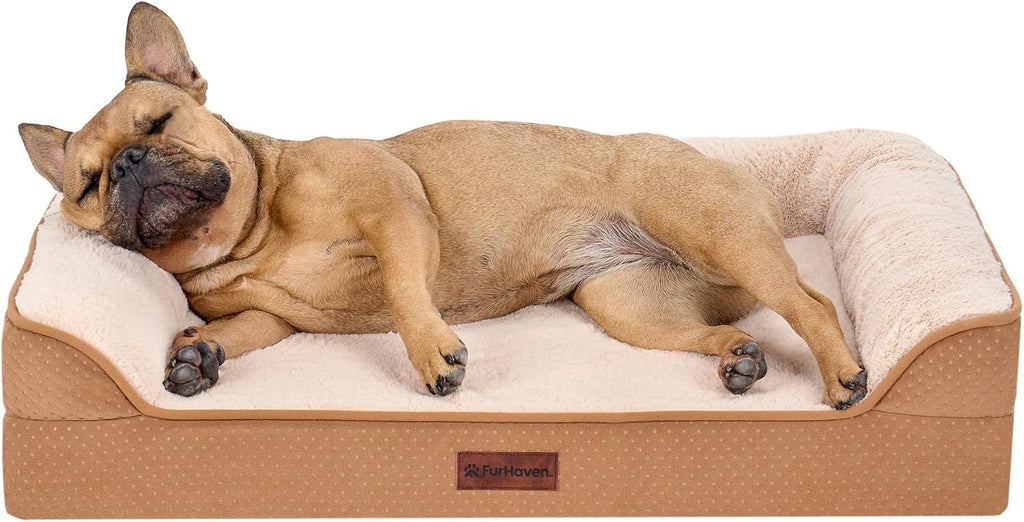 Furhaven Plush & Embossed Velvet Cooling Gel-Top Dreamer Sofa Pet Bed, Cognac, Medium