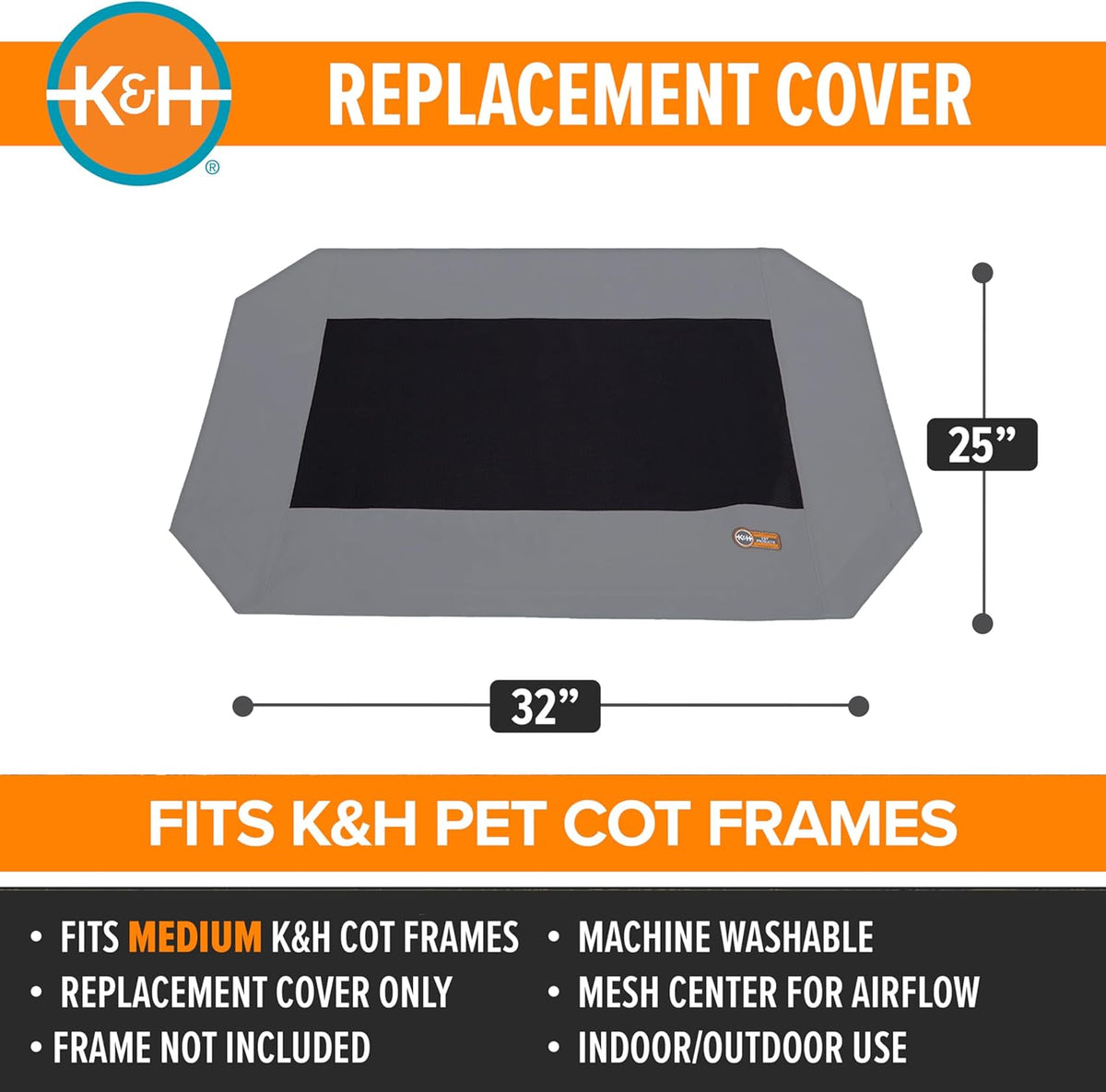 K&H PET PRODUCTS Original Pet Cot Replacement Cover (Cot Sold Separately) - Gray/Black Mesh, Medium 25 X 32 Inches