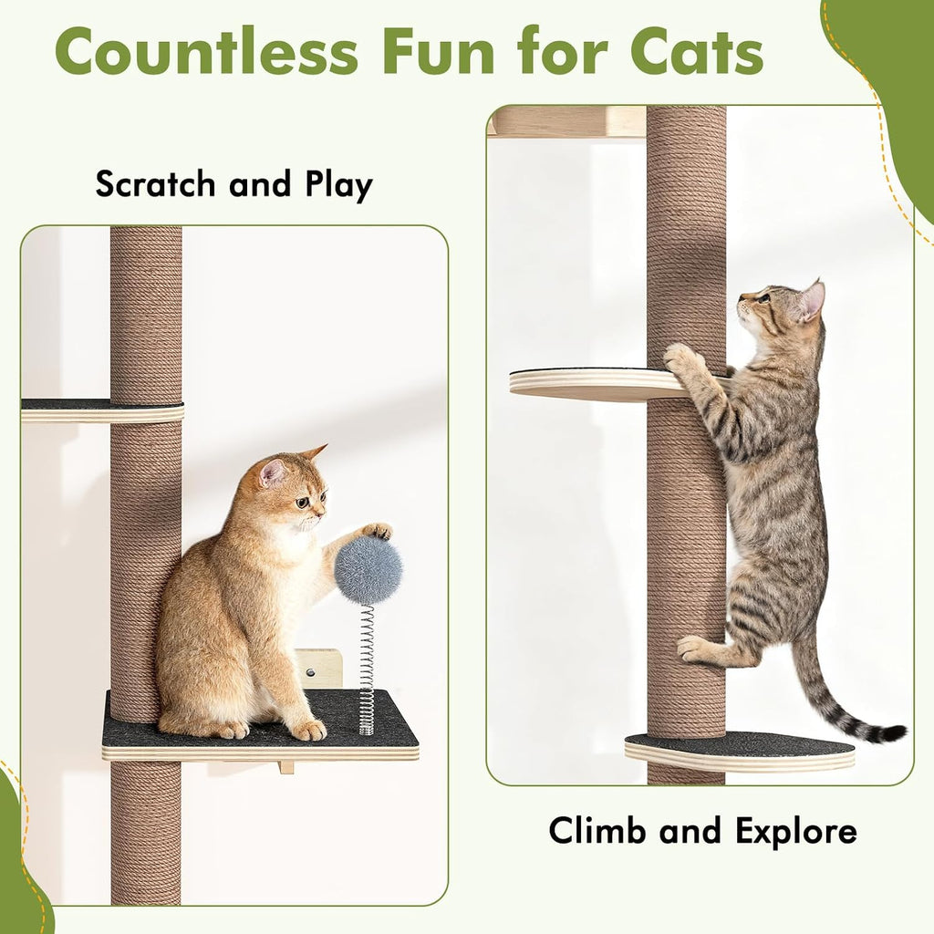 Tall Cat Tree Wall Mounted for Large Cats, 82 inch Scratching Post with Toys, Floor to Ceiling Cats Tower for Corner Area, Kitty Wall Shelf for Sleeping Playing Lounging Perching
