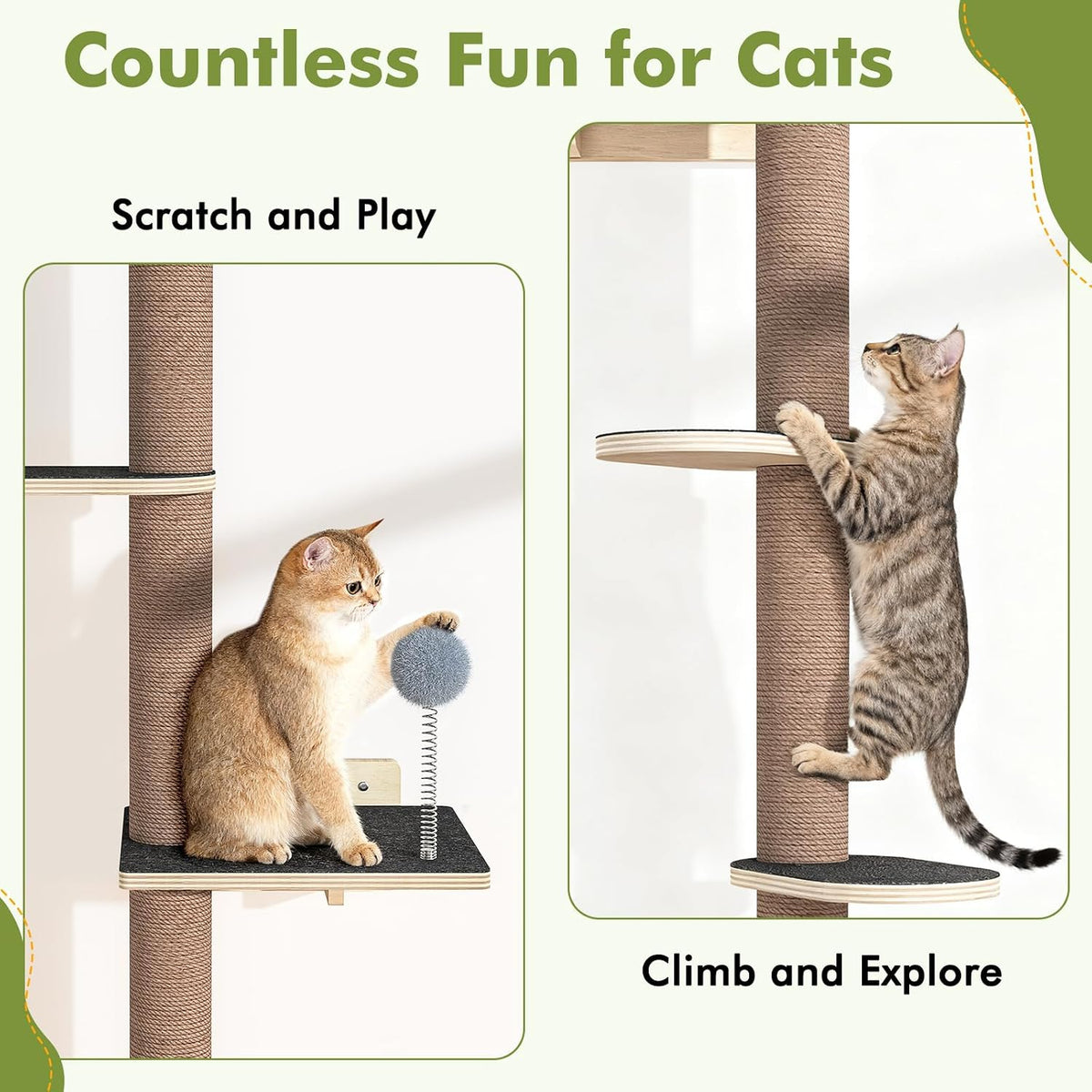 Tall Cat Tree Wall Mounted for Large Cats, 82 inch Scratching Post with Toys, Floor to Ceiling Cats Tower for Corner Area, Kitty Wall Shelf for Sleeping Playing Lounging Perching