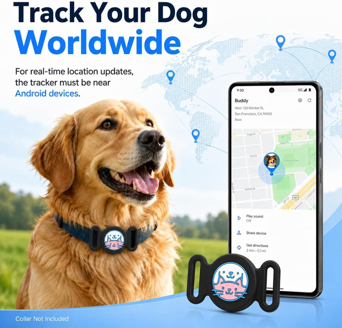 GPS Collar for Dogs, Pet Tracker for Dogs (Android Only), Waterproof Smart Tag Compatible with Google Find My, No Monthly Fee, Dog GPS Tracker Collar for Small Large Dogs (Android Tracker for Dog)