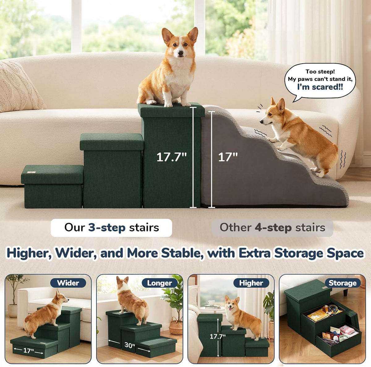 3-Step Wide Dog Stairs with Hidden Storage 18" H, Non-Slip Dog Steps for High Bed Couch Window Car, Jiont-Friendly Pet Stairs Ramp for Small/Medium/Large Old Dogs Cats Up to 200lbs, Dark Green