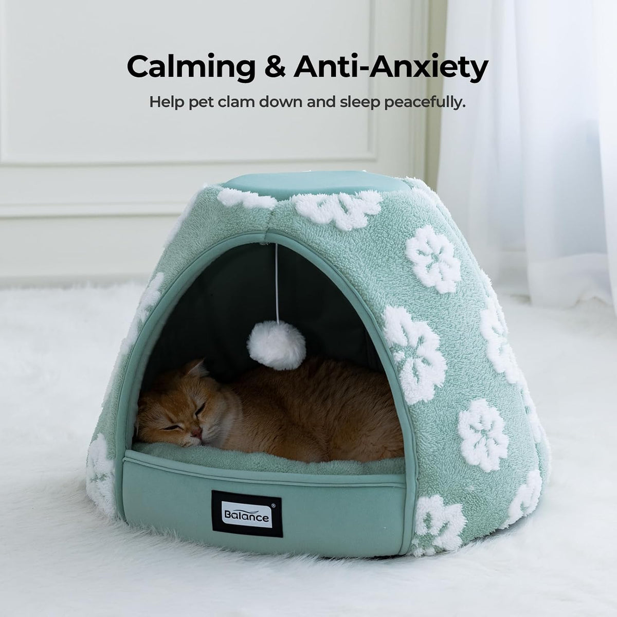 BALANCE Cat Beds for Indoor Cats, 2-in-1 Cat Bed Cave with Anti-Slip Bottom and Ultra-Soft Plush, Cozy Cats House Tent for Kittens and Small Dogs, 21 Inches, Green