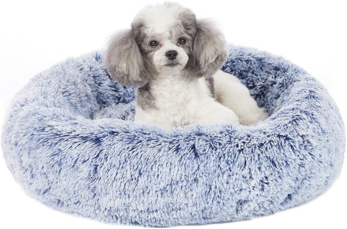 Bedfolks Calming Fluffy Donut Dog Bed for Small Dogs,Navy Blue, 23" Round