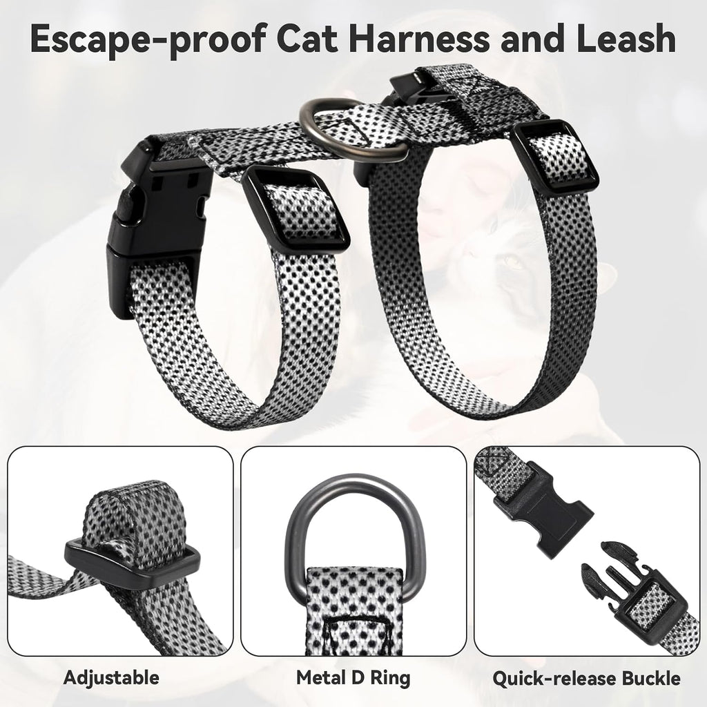 Cat Harness and Leash Set, 3-in-1 Escape Proof Adjustable, Comfortable Soft Lightweight, Safe, Easy to Wear, Walking Travel Kitten Harness for Small Medium Large Cats (Grey)