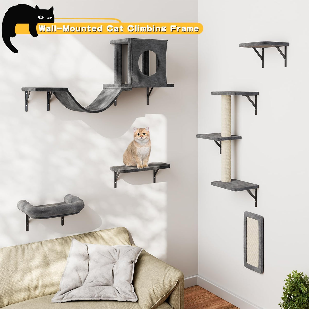 Cat Wall Shelves, 6 Pcs Luxury Wall-Mounted Cat Climber Shelves, Dark Gray