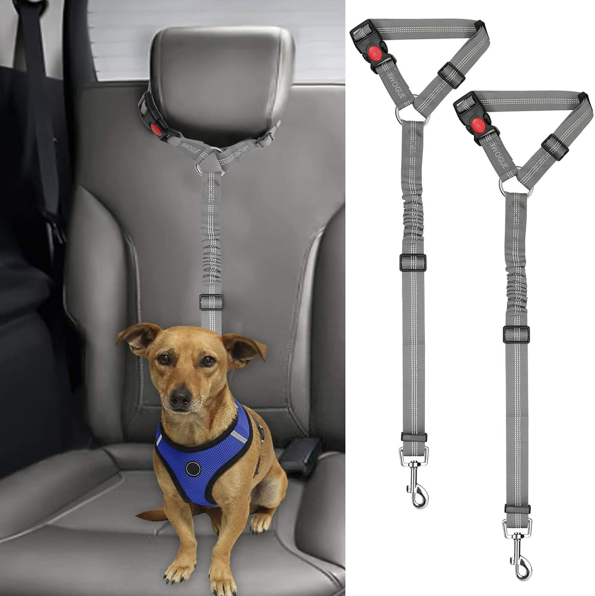 BWOGUE 2 Pack Dog Seat Belt for Car, Adjustable Nylon Headrest Restraint