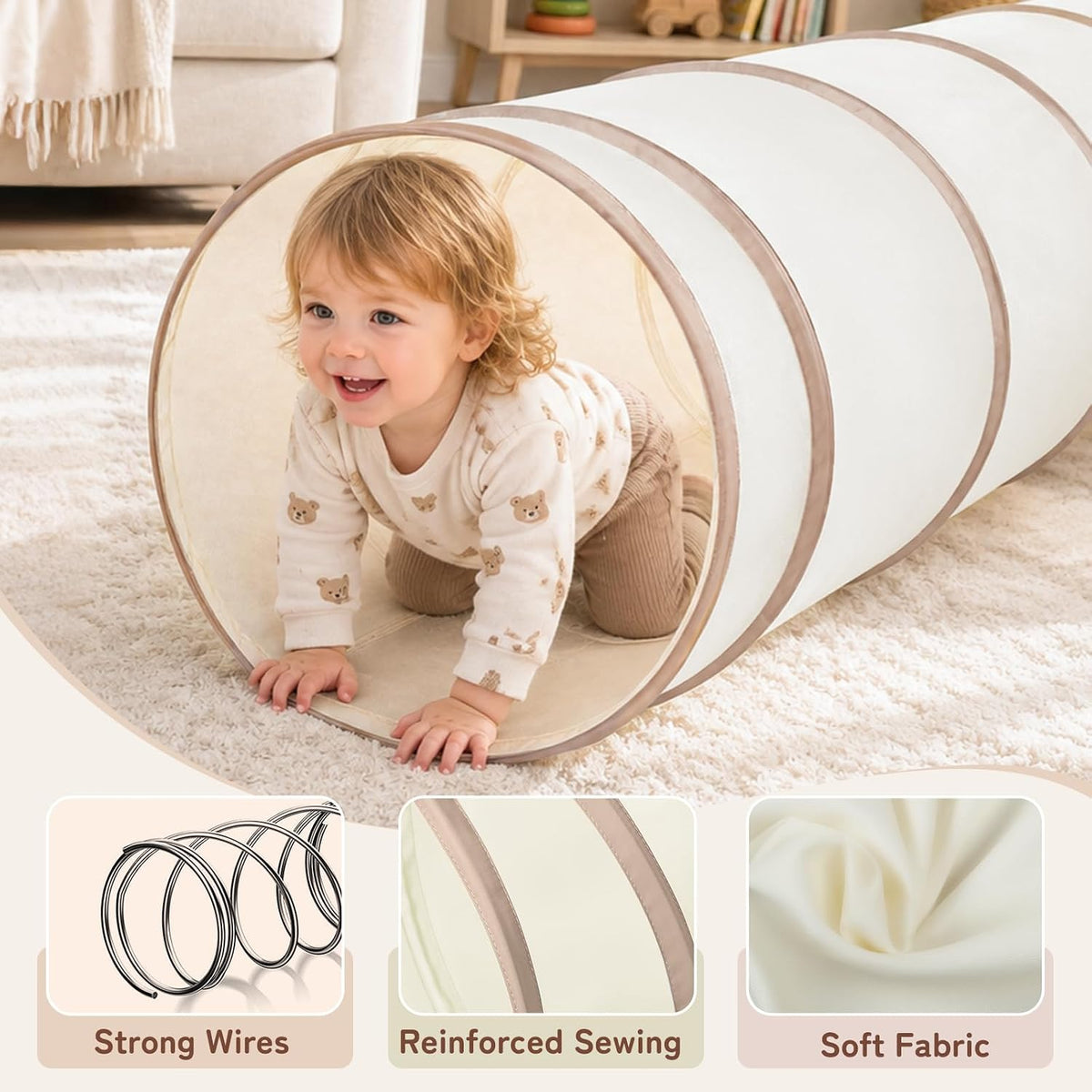Moncoland Kids Play Tunnel Tent for Toddlers, Pop Up Crawl Tunnel Toy for Baby or Pet with Neutral Color, Collapsible Gift for Boy and Girl Play Tunnel Indoor and Outdoor Game (Beige Tunnel)