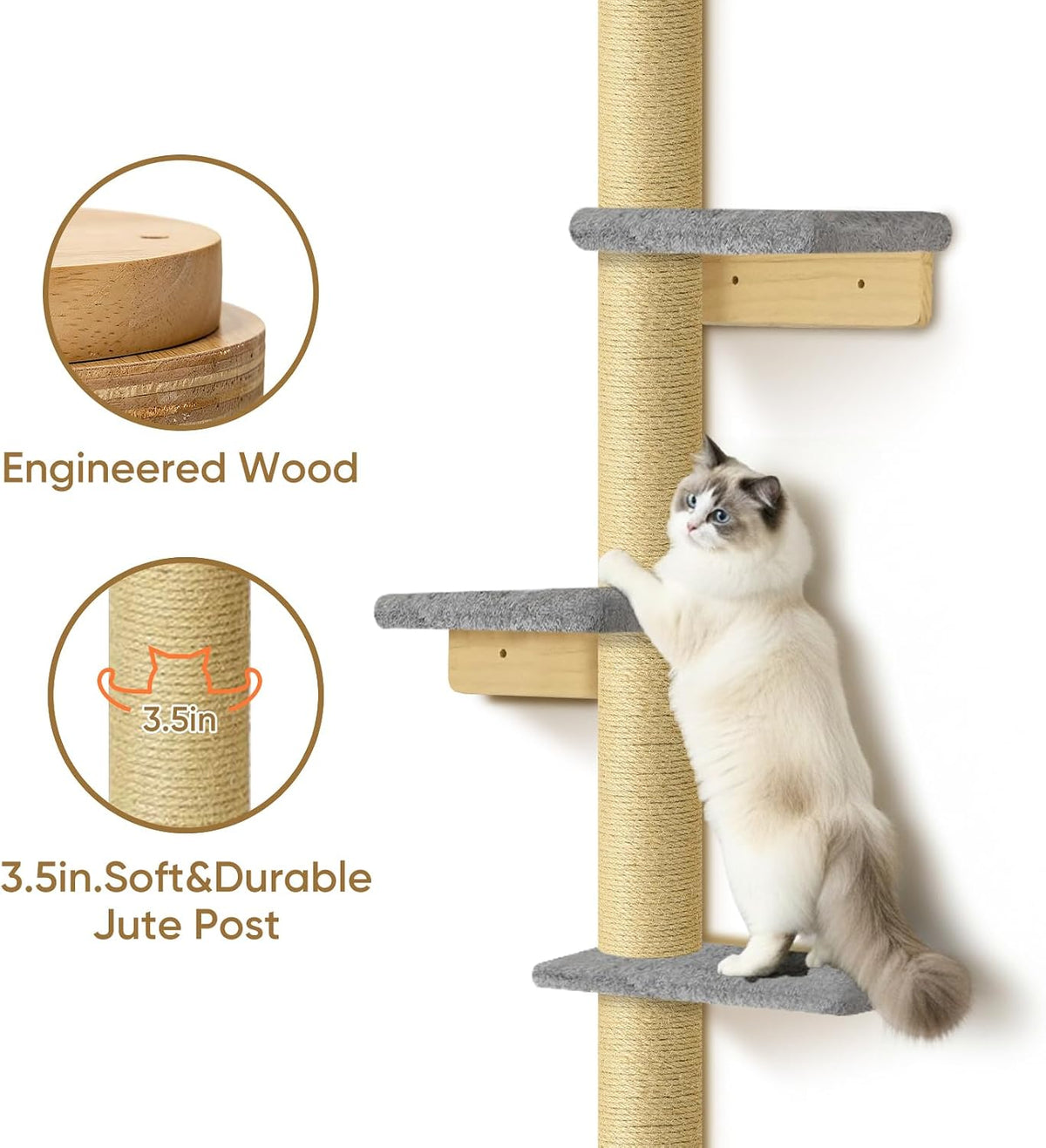 PAWSCRAT 5-Tier Wall-Mounted Cat Tree, 80-Inch Sisal Cat Post, Gray
