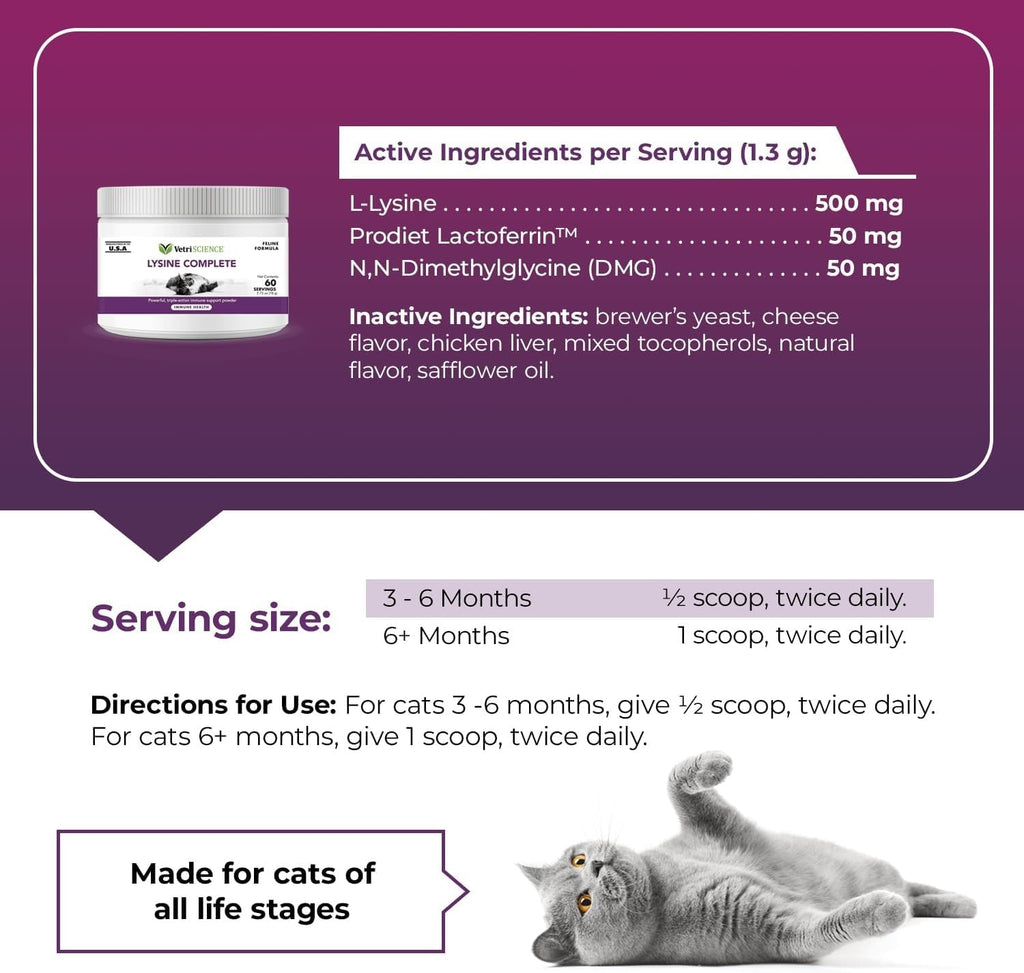 VetriScience Ultimate Strength Lysine Powder for Cats, Chicken, 60ct