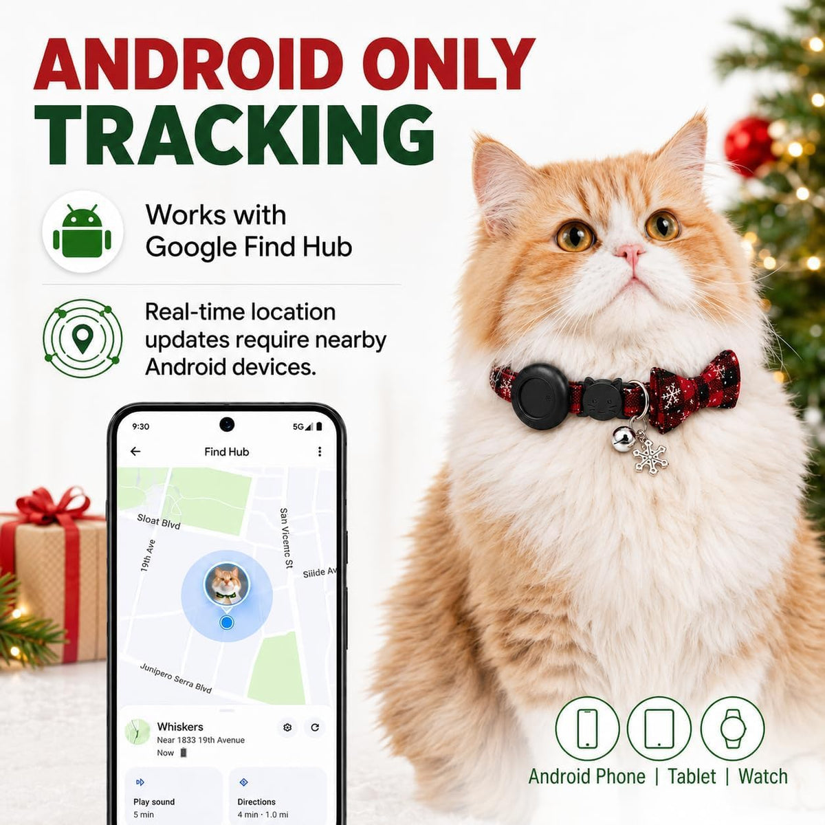 GPS Tracker for cat，Pet Tracker (Android Only) Smart tag,Waterproof Compatible with Google Find My,No Monthly Fee,Advanced Tracking Solution Smart Collar for Pet Safety Ideal Small Large Cats