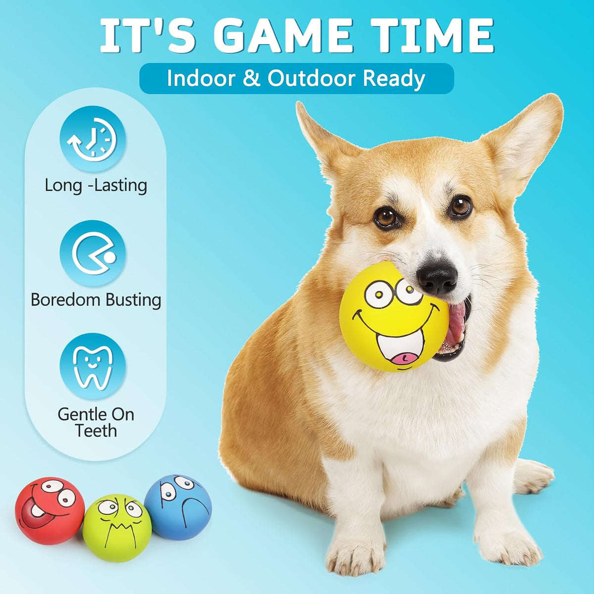 4 Pack 2.8" Smiley Face Squeaky Dog Toys Soft Dog Balls Latex Rubber Squeak Dog Toys for Small Medium Puppy Pet Dogs (Flat Ball)