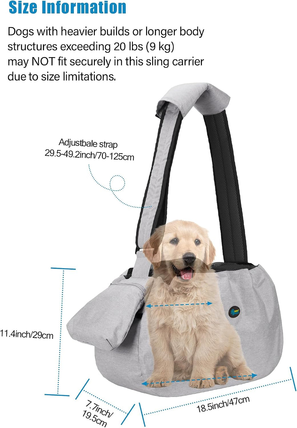 Ownpets XL Dog Sling 15-25lbs, Hands-Free Carrier with Bottom Support Pad