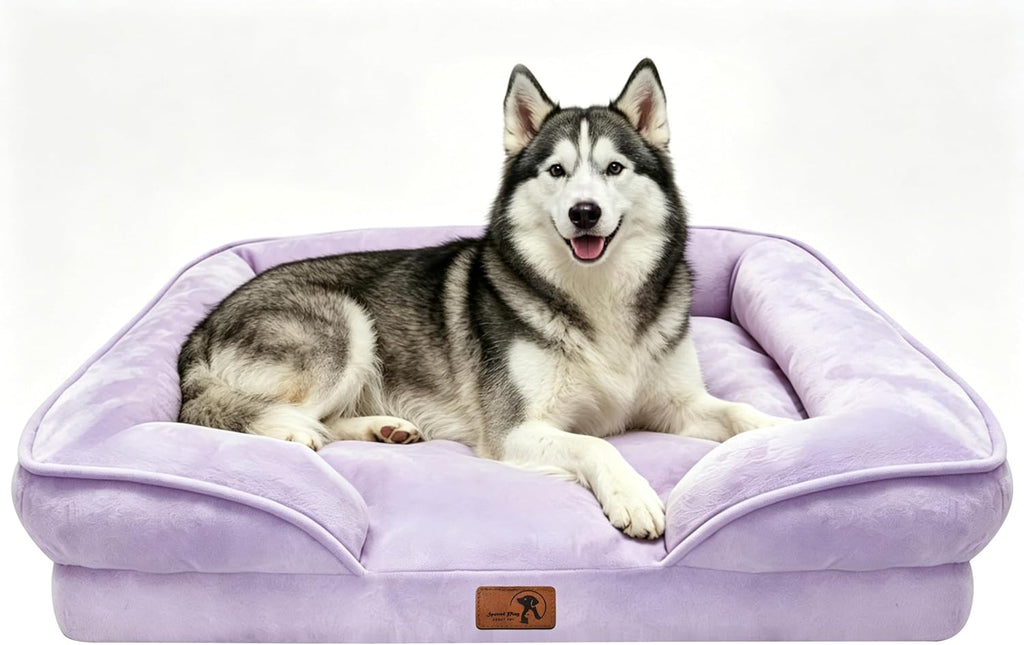 Spotted Play Orthopedic Dog Bed with Sides - Sofa Beds for Large Dogs, Supportive Foam Pet Couch Bed with Washable Removable Cover, Waterproof Lining and Non-Slip Bottom, Purple - L-Plus