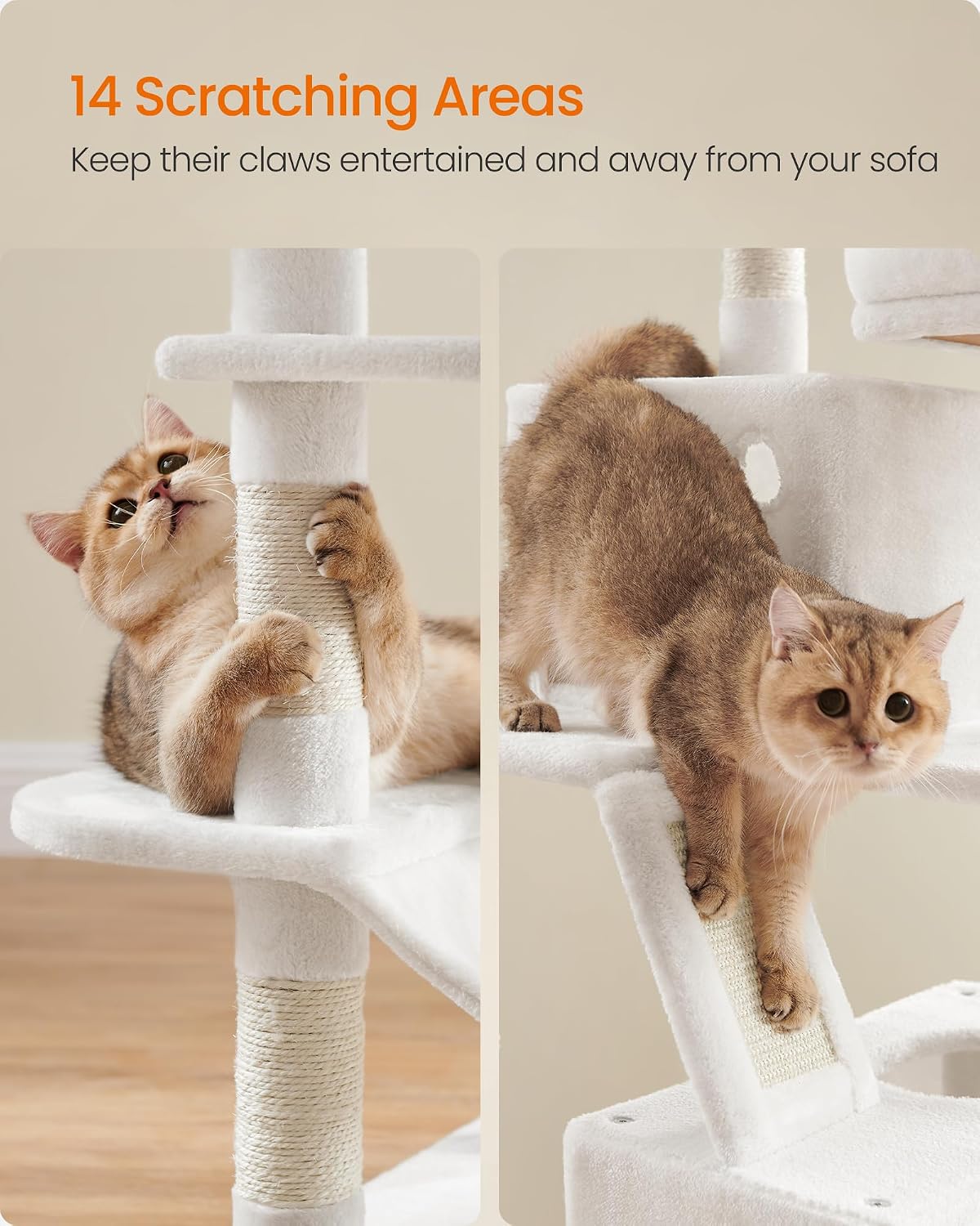 Feandrea Cat Tree, 66.1-in Large Cat Tower, Multi-Level Condo, Cream White