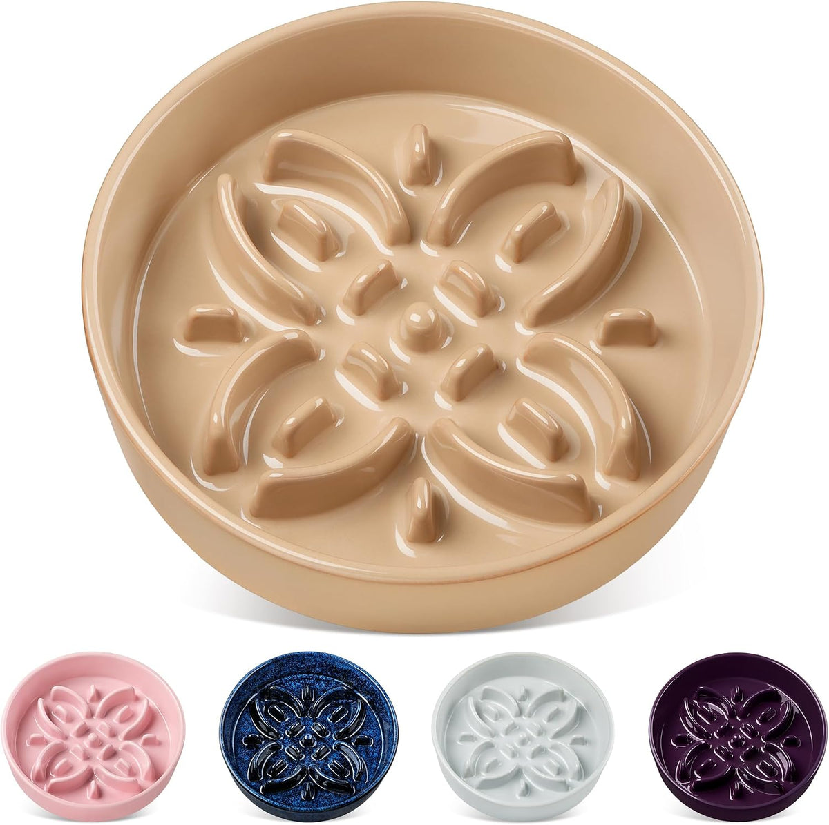 vancasso Ceramic Slow Feeder Dog Bowls, Puzzle Dog Food Bowls with Floral Maze, Anti -Slip Pet Food Dish for Medium Breed, 1.5 Cups, Brown
