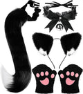 Cat Ears and Tail,Wolf Fox Ears Long Tail and Bell Lace Choker Set for Halloween,Animal Cosplay Party Costume