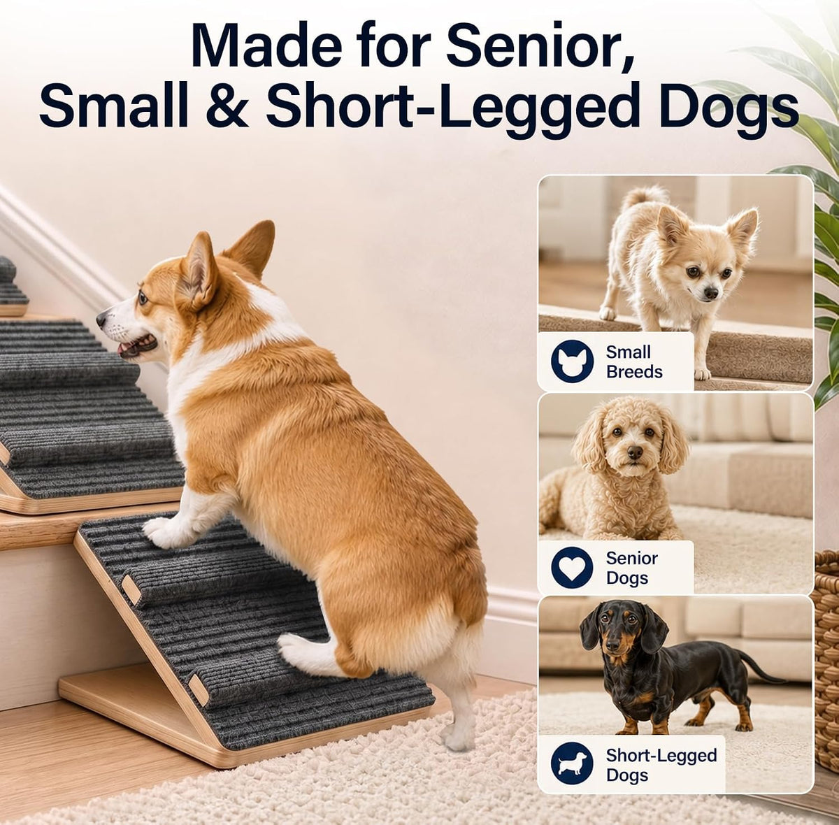 2 Pack Adjustable Wooden Dog Ramp for Stairs, Small & Senior Dogs