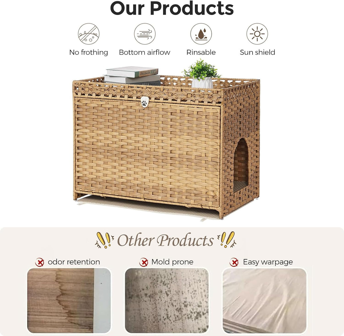 Cat Litter Box Enclosure with Door, Hidden Cat Washroom Furniture | Handwoven PP Wicker; Soft Litter Mat Included; Spacious Interior; Furniture-Style Design; Indoor Home Décor