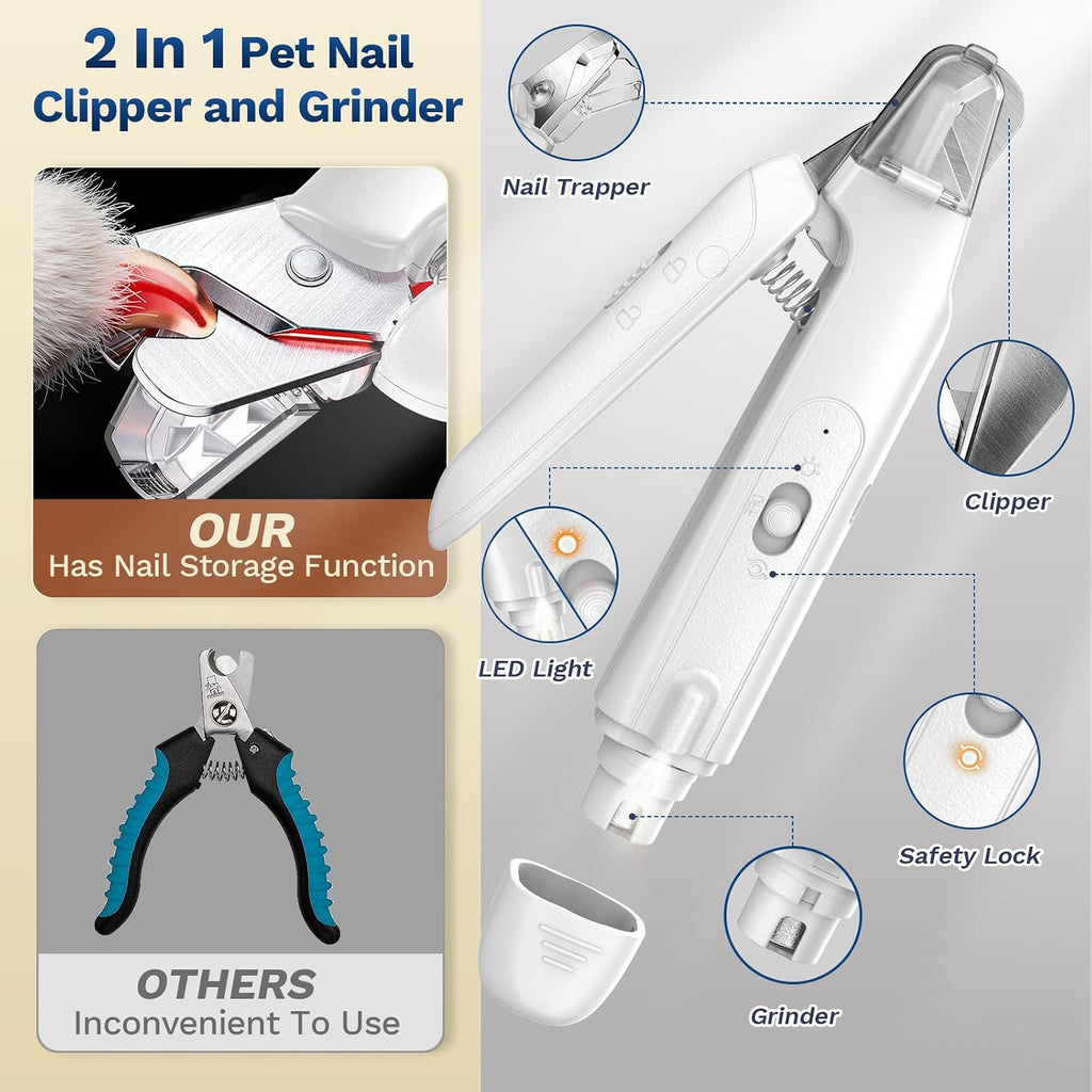 2-in-1 Dog Nail Clippers ＆ Grinder: Rechargeable Pet Trimmer with LED Light