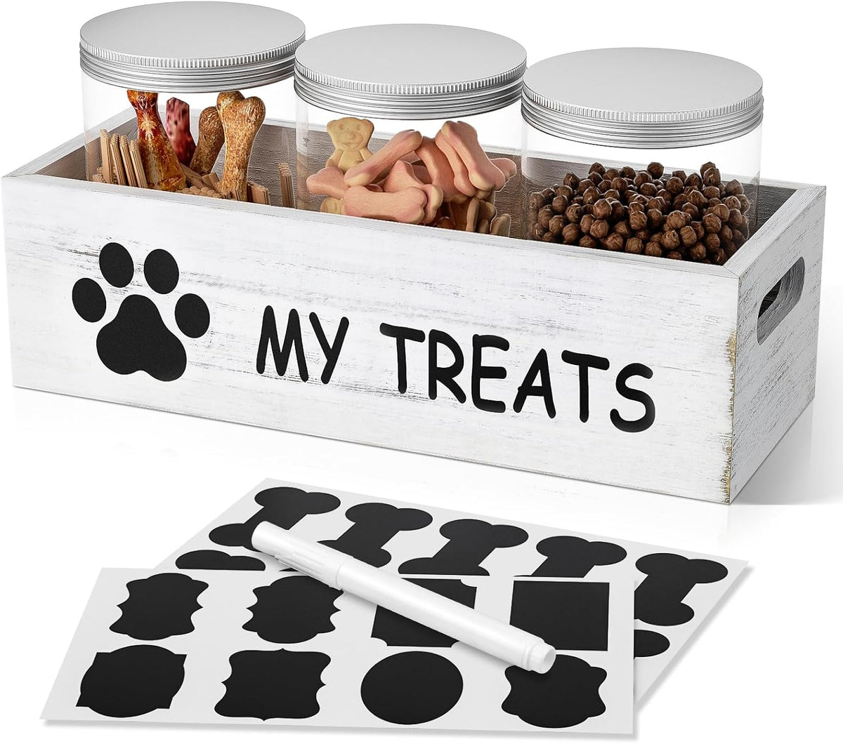 qeerable Dog Treat Container for Countertop - Dog Food Storage with 3 Jars - Pet Food Organizer For Puppy - Airtight White Wooden Dog Treat Storage With Lids - Great Gift for Pet Dog Owners
