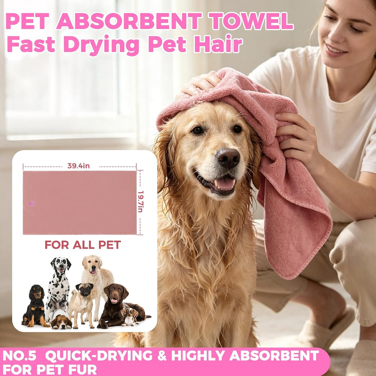 PAWCHIE Bath Grooming Kit for Pets, 9 PCS Hair Brush Set with Towel,Washing Gloves,Bath Brush and Adjustable Handle Shampoo Brush & Scrubber for Short Long Haired Dogs and Cats,Dog Bath Supplies, Pink