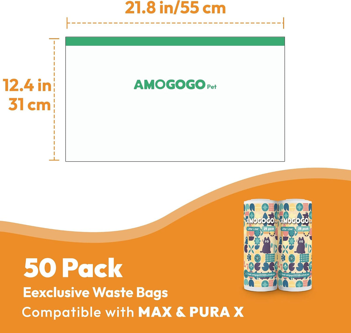50 Pack Litter Box Liner Bags, Compatible with Petkit Pura Max & X, Self-Cleaning Cat Litter Box Replacement Waste Bags, Drawstring Leak-proof Cat Litter Box Trash Bags