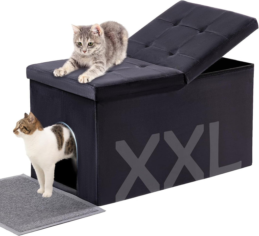 MEEXPAWS Cat Litter Box Enclosure Furniture XXL Velvet Lift Design Lid | Extra Large Hidden Cat Washroom Bench Ottoman, Storage Cabinet Dog Proof, Urine Proof, Easy Clean, Quick Assembly, Black