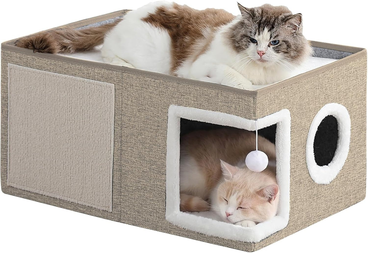 Extra-Wide Cat Houses for Indoor Cats, Large Cat Cave Bed with Fluffy Ball and Scratch Pad, Foldable Covered Kitten Bed for Multiple Cats, 23.6x16x13 inches, Khaki