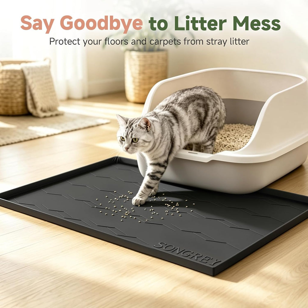 Songrey Silicone Cat Litter Mat 24" x 16", Large Litter Trapping Mat, Black | Waterproof, Urine-Proof Litter Box Mat for Floor, Soft on Kitty Paws, Easy To Clean, Cat Supplies, Pet Feeding Mat