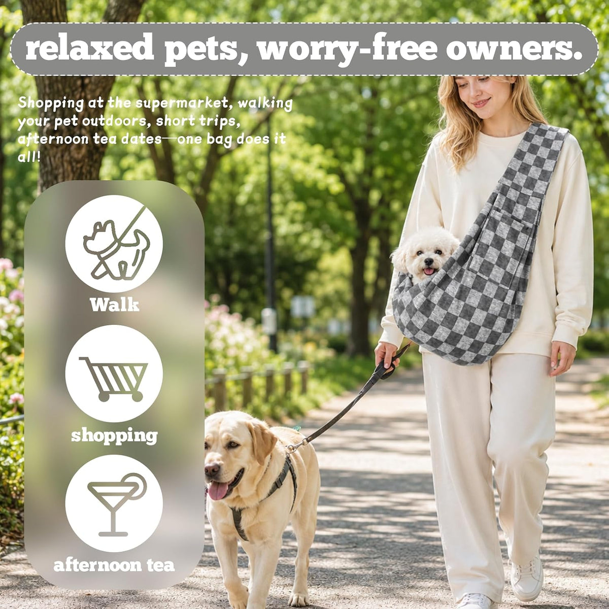 Dog Sling Carrier for Small Dogs and Cats 5–16 lbs, Puppy Carrier Sling with Safety Hook and Storage Pocket, Hands Free Pet Carrier Purse for Travel, Walking, Shopping (Grey Check)