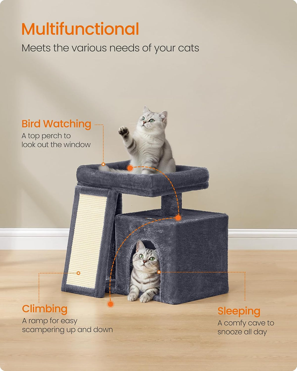 Feandrea Cat Tree, 18.3-in Small Cat Tower, Cute Kittens Condo, Dark Gray