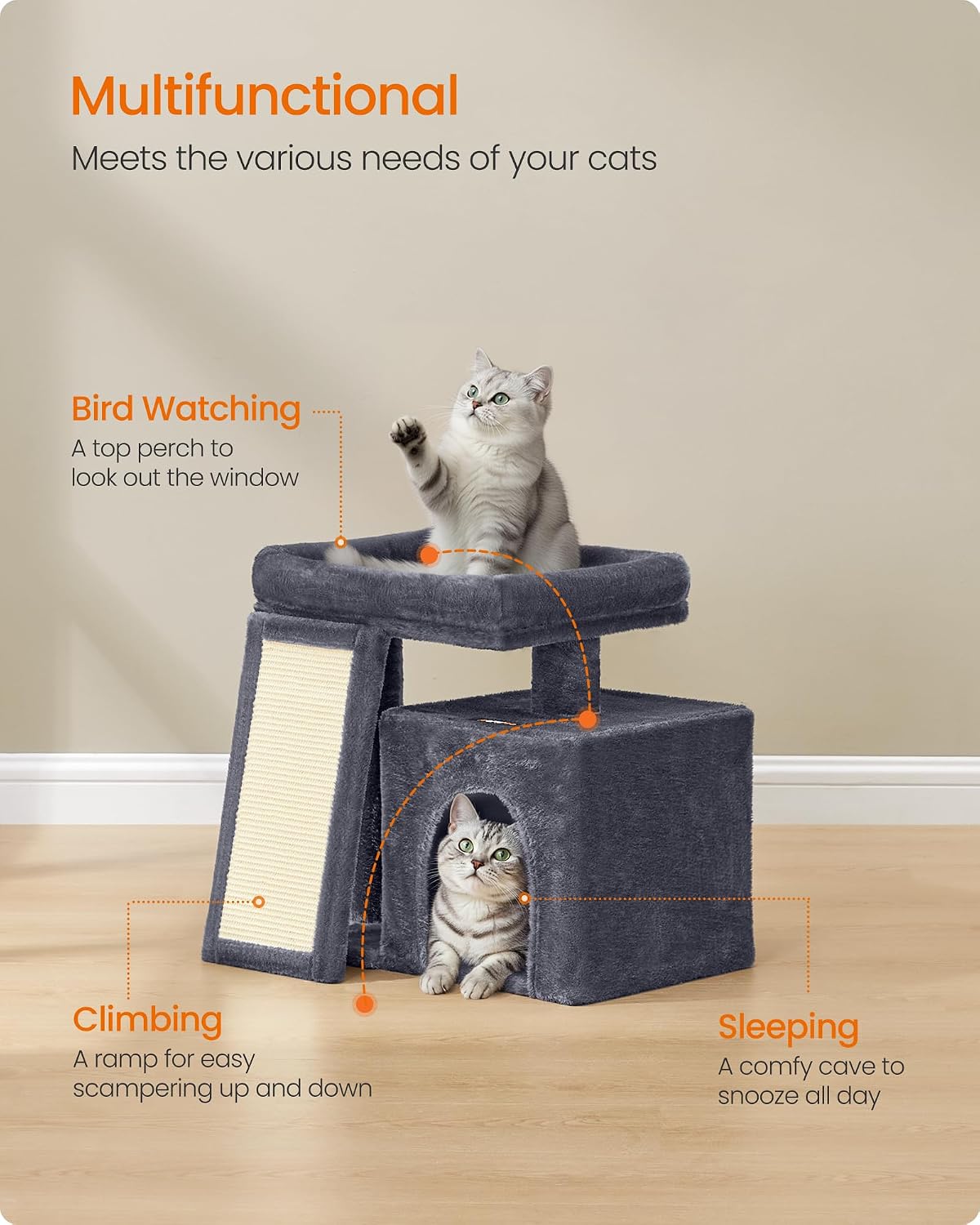 Feandrea Cat Tree, 18.3-in Small Cat Tower, Cute Kittens Condo, Dark Gray