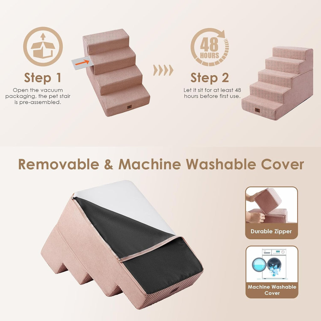 EHEYCIGA Dog Stairs for Bed 22.5" H, 5-Step Extra Wide Dog Steps, Pink