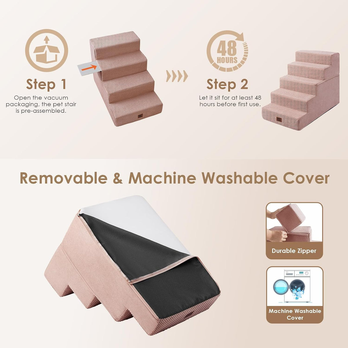 EHEYCIGA Dog Stairs for Bed 22.5" H, 5-Step Extra Wide Dog Steps, Pink