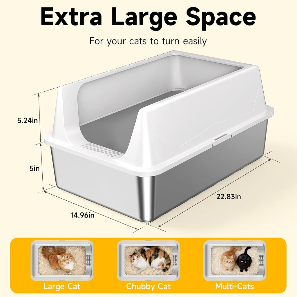 XL Open Top Stainless Steel Litter Box with High Sides,Gray | Extra Large Tall Wall Open Top Deep Metal Pan, Anti-Leak Non-Stick Odor Control