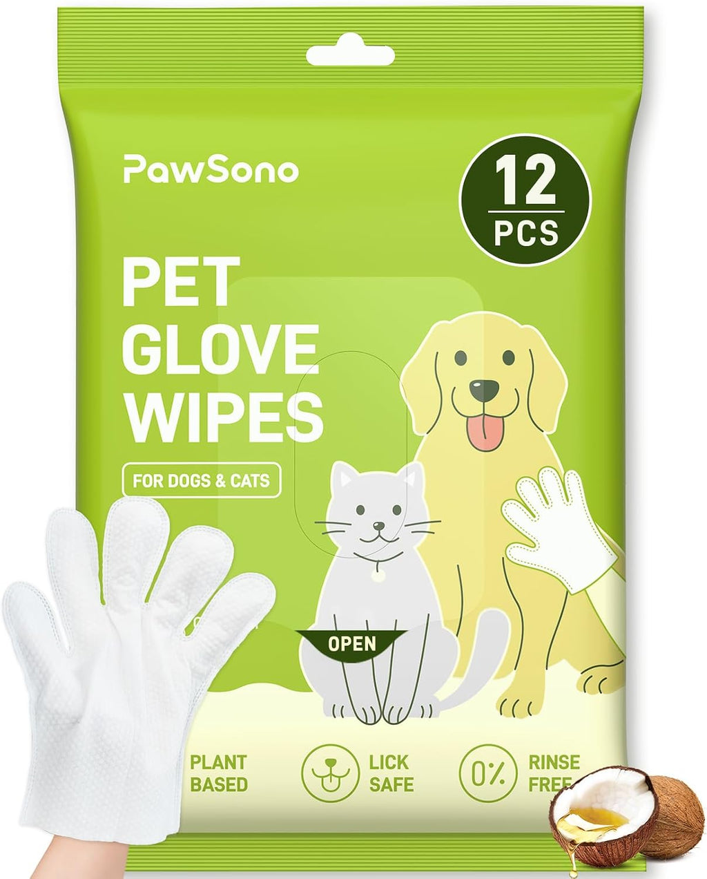 PawSono 12PCS Hypoallergenic Pet Glove Wipes for Dogs, Cats & Small Animals
