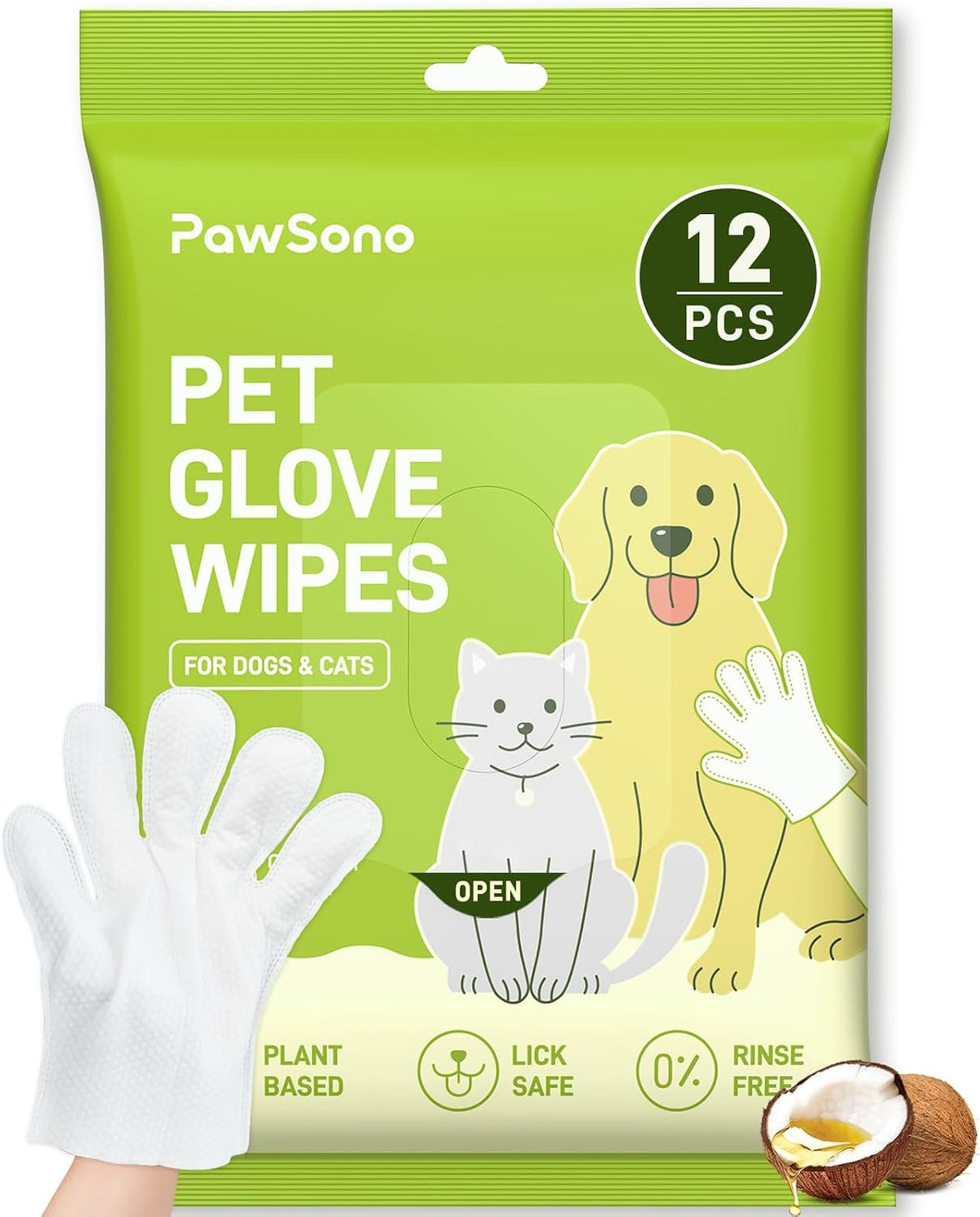 PawSono 12PCS Hypoallergenic Pet Glove Wipes for Dogs, Cats & Small Animals