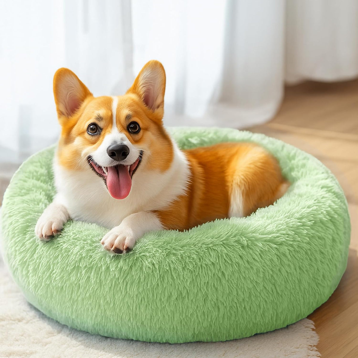 28in Large Dog Bed, Calming Donut Bed for Puppy and Kitten (Green)