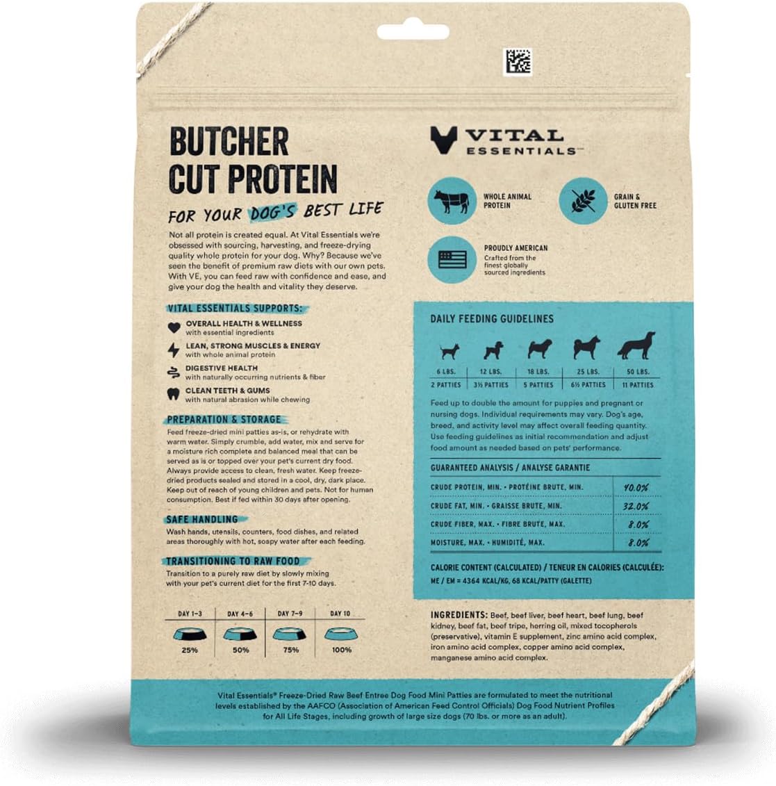 Vital Essentials Freeze Dried Dog Food, Beef Mini Patties, 14 oz Bag