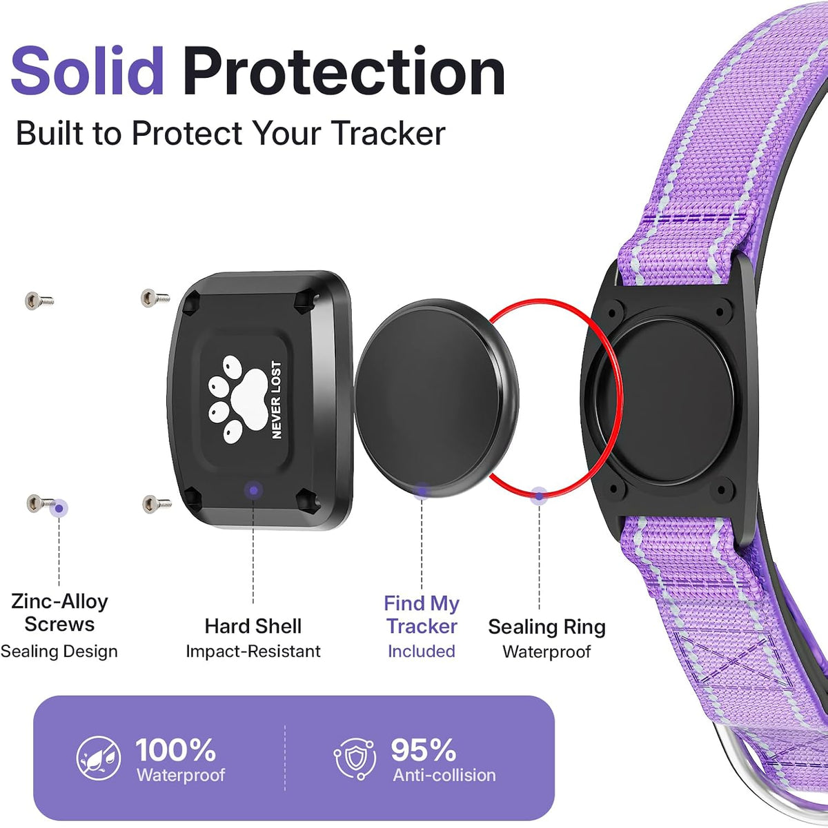 GPS Dog Collar with Tracker, Waterproof, No Monthly Fee, Purple, M