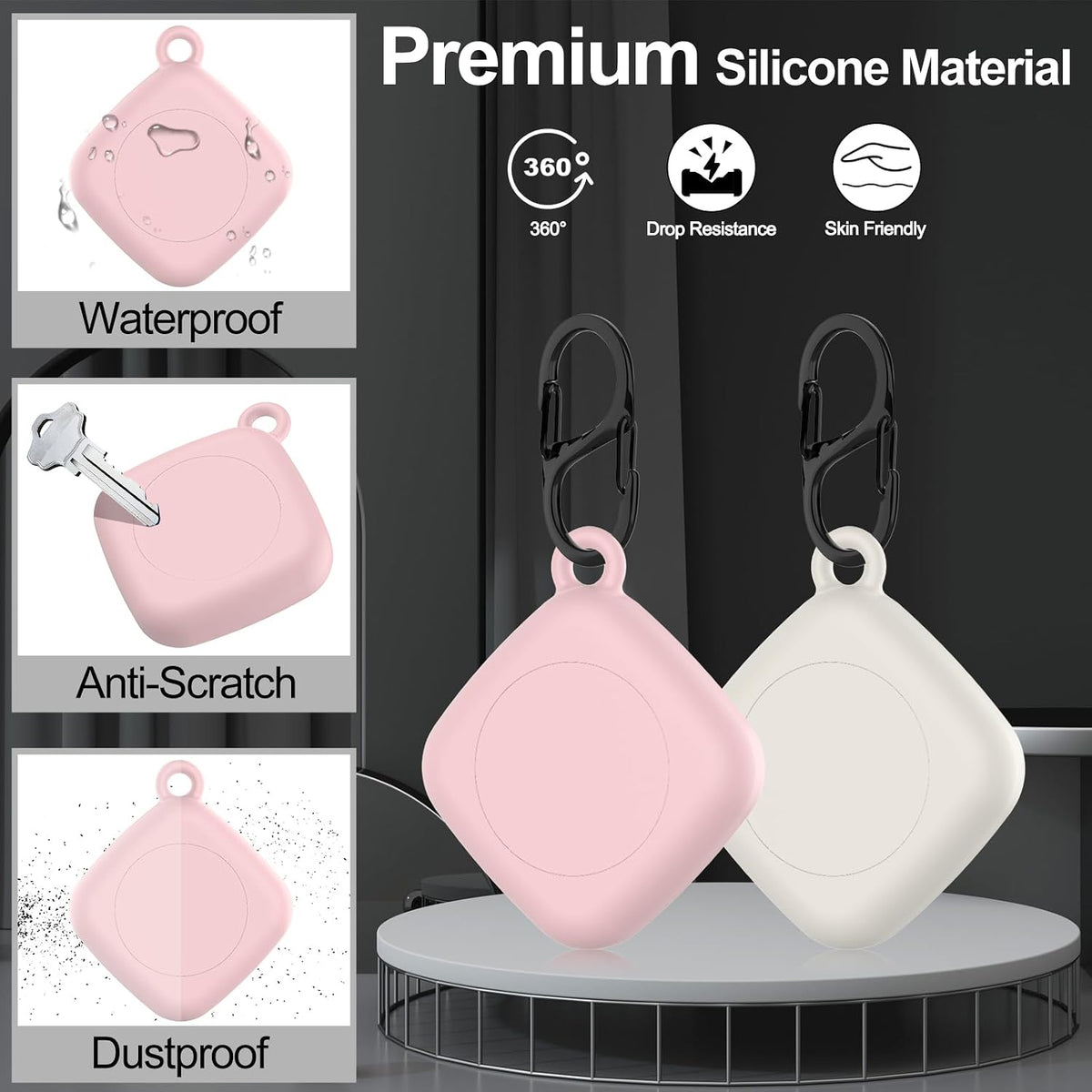 Silicone Case for Life360 Tile Tracker 2 Pack, for Tile Mate 2022 Full Body IPX8 Waterproof and Anti-Scratch Protective with Carabiner for Kids, Keys, Luggage, Cat/Dog Collar Tag (Off White+Pink)
