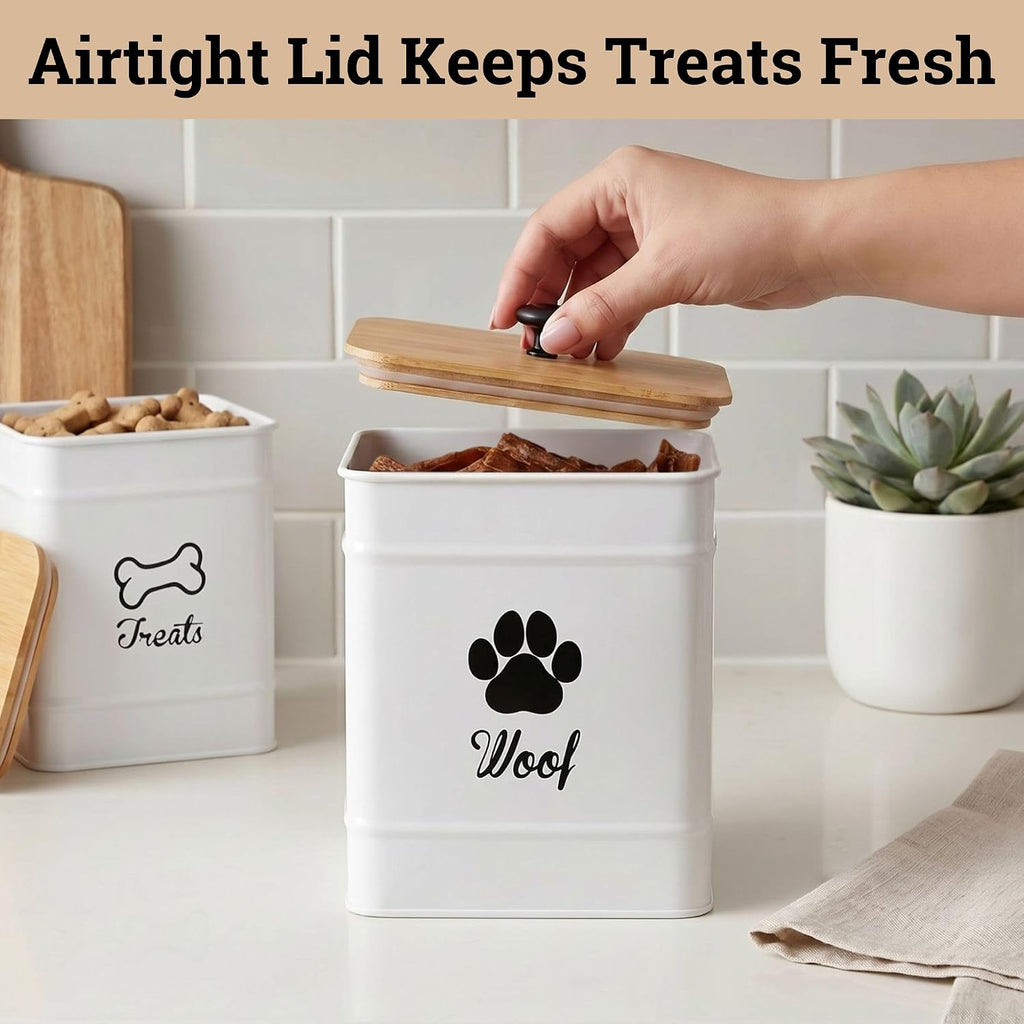 Dog Treat Container Set of 2 with Airtight Bamboo Lids - 8x6 & 7x5 inch | Fits All Popular Treats, Up to 20 Cups Combined Capacity, Airtight Bamboo Lid, Easy Open Lid, Dent-Resistant Durable Metal