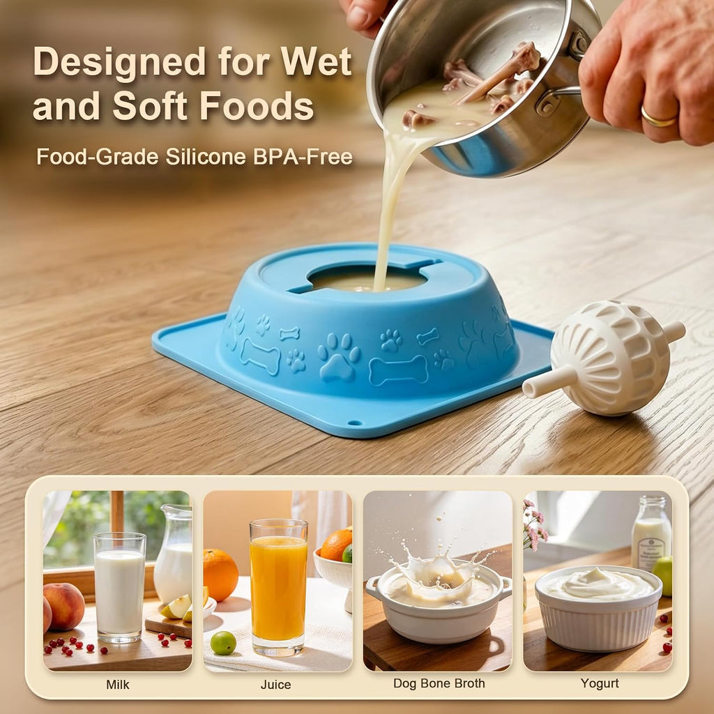 Slow Feeder Lick Bowl for Dogs and Cats, Anti-Slip Pet Water Bowl with Smooth Rolling Ball, No Spill Bowl for Water, Bone Broth, Yogurt & Pumpkin Puree, for Large Pets, Light Blue