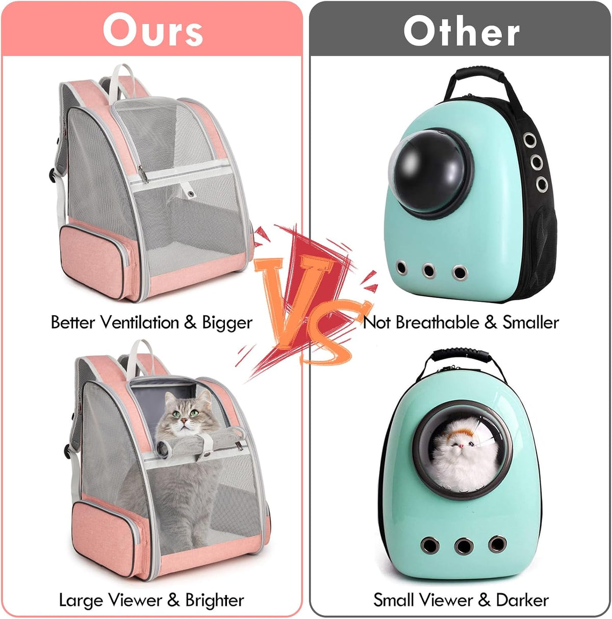 Cat Backpack Carrier, Small Dog Carrier Backpack with Fully Ventilated Mesh, Kitten Wand Feather Toy & Safety Leash, Collapsible Travel Hiking Pet Carrier for Small Dogs Cat Puppy Kitten Bunny (Pink)
