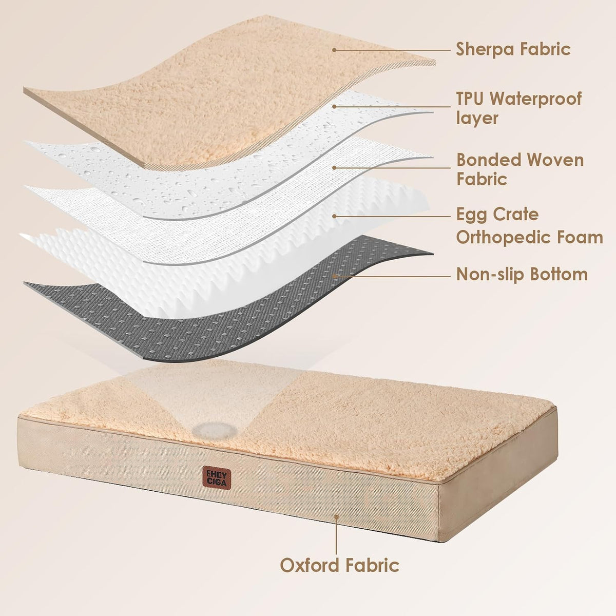 EHEYCIGA Orthopedic Dog Bed Large with Removable Washable Cover, 50IN Khaki