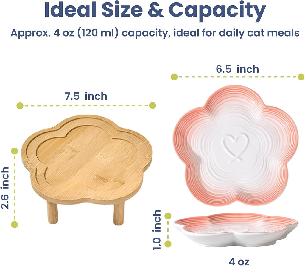 PawsPik Flower Ceramic Feeding Cat Plate with Raised Stand, Peach Blush