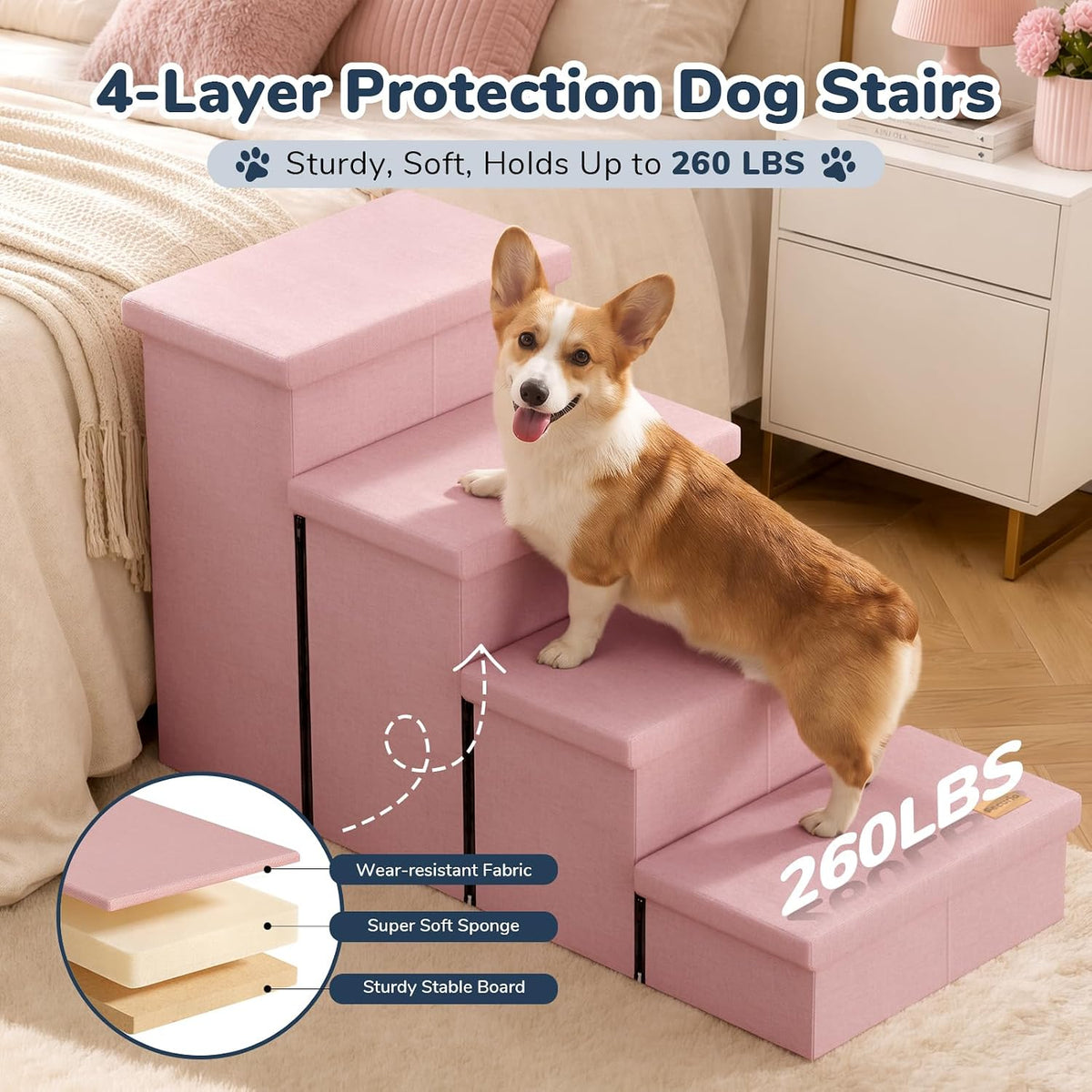 4-Step Wide Dog Stairs with Storage 23" H, Non-Slip Sturdy Pet Steps for High Bed Couch Window, Pet Stairs for Small/Medium/Large Old Dogs Cats Up to 220lbs, Cat Dog Steps for Car/SUV, Pink
