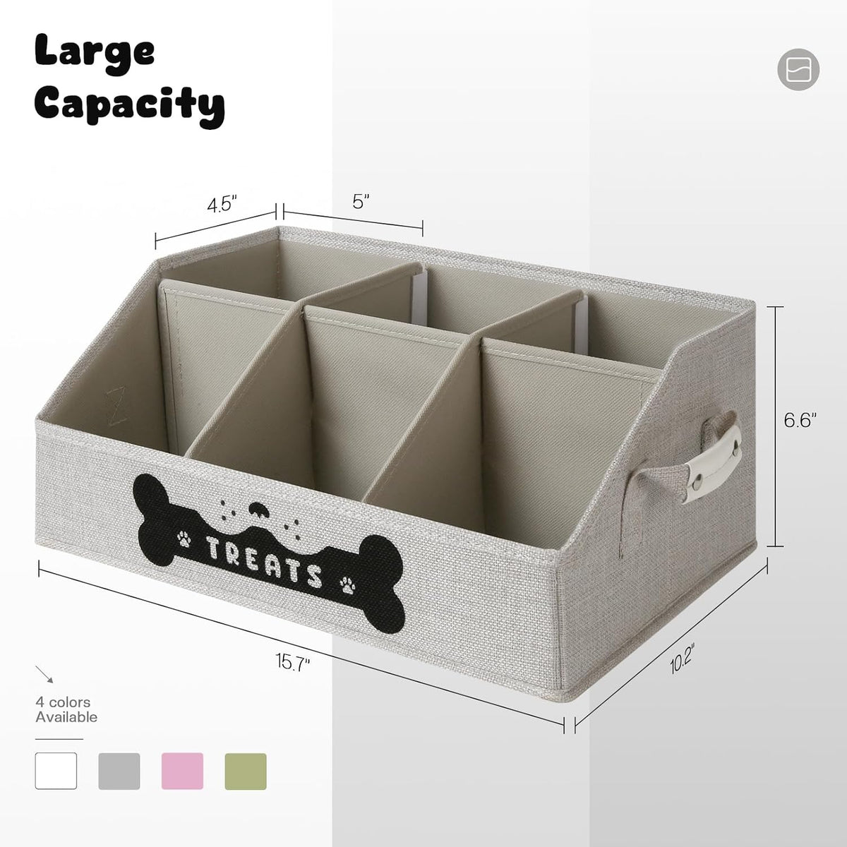 Dog Treat Container, Dogs Storage Organizer with Removable Dividers, Collapsible Dogs Treat Holder for Countertop, Trapezoid Pet Treats Containers, Dog Toy Basket with PU Handles, Medium, Gray