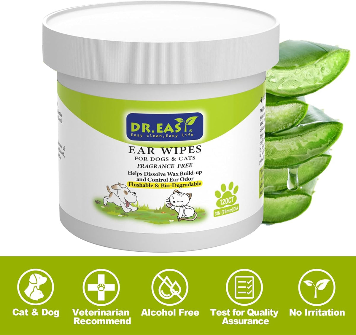 Dr.Easy Pet Ear Wipes 120ct for Dogs & Cats,No Fragrance,Helps Dissolve Wax Build-Up and Control Ear Odor,flushable Gentle Soft and high Absorbency,Lock in Liquid,Stop Ear Itching,Natural Cleansing.